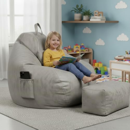 Image of KAM'S LIEU 5XL Premium Imported Suede Bean Bag Chair with Footrest & Cushion | Filled with High Density Polystyrene Beans | Premium Soft Fabric | Ready to Use Color- (Grey, 5XL)