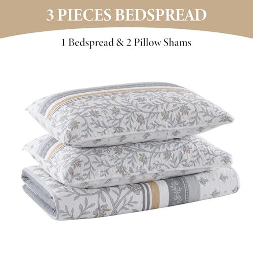 Bedduvit 100% Cotton 120"x120" Oversized King Bedspread - Farmhouse Rustic Floral Striped Patchwork Extra Wide King Quilt Set, Lightweight Reversible Bedspreads for All Season, 3pcs, Yellow/Gray/White - image 8