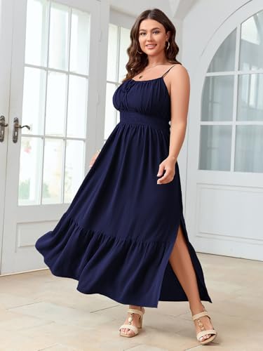 Image of SCOMCHIC Plus Size Summer Boho Dresses Spaghetti Strap Sleeveless Casual Sundress Smocked Flowy Slit Beach Maxi Dress