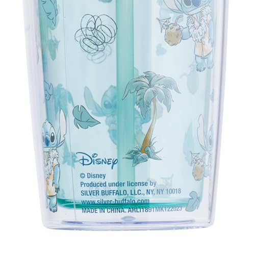 Image of Silver Buffalo Disney Lilo and Stitch Featuring Stitch in Hawaiian Shirt, Lei, and Coconut Drink and Tropical Vibes Pattern Spill Resistant Plastic Tumbler and Straw, 20 Ounces