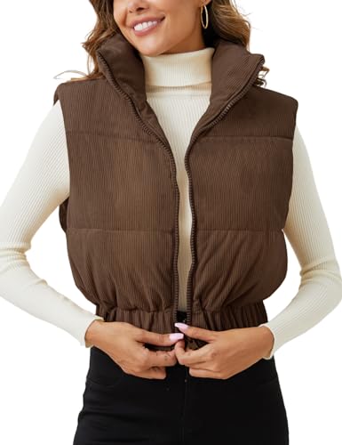 Gihuo Women's Cropped Puffer Vest Corduroy Winter Quilted Sleeveless Jackets Lightweight Stand Collar Padded Gilet3
