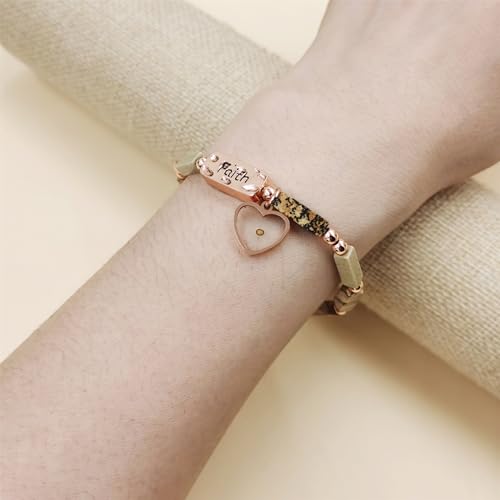 Image of Elastic Faith Bracelet for Women, Adjustable 7 inch Natural Stone Bracelet with Heart Mustard Seed Charm, Spiritual Christian Jewelry for Baptism, Graduation, Religious Celebration YA4856