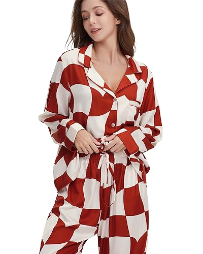 Image of YiNi LuLu Womens Silk Satin Pajamas Set Button Down 2 Piece Pjs Long Sleeve Oversized Sleepwear with Pockets