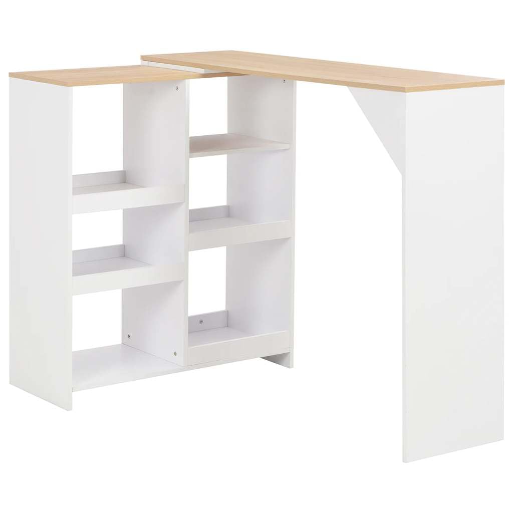 Mesa de bar con estante móvil blanca y natural de 138 x 39 x 110 cm para cocina moderna en L
