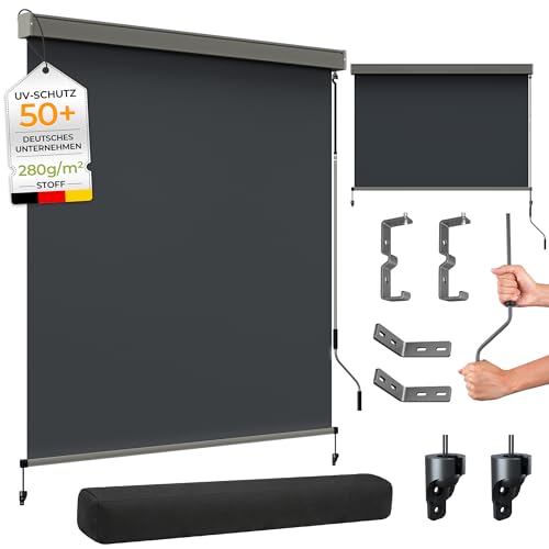 HOMEDEMO Senkrechtmarkise 160x250cm Außenrollo mit Einstellbare Handkurbel & Alu-Kassette Balkonrollo Markise Sicht-und Sonnenschutz UPF 50+ Wasserfest Balkon Terrasse inkl.Abdeckung Anthrazit