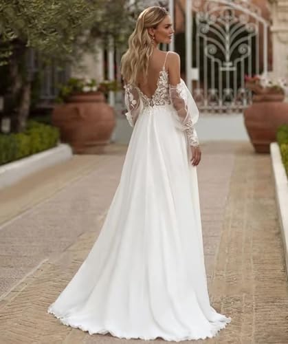 Womens Long Sleeve Wedding Dress for Bride Chiffon Lace A Line Floor Length Beach Bridal Dress2