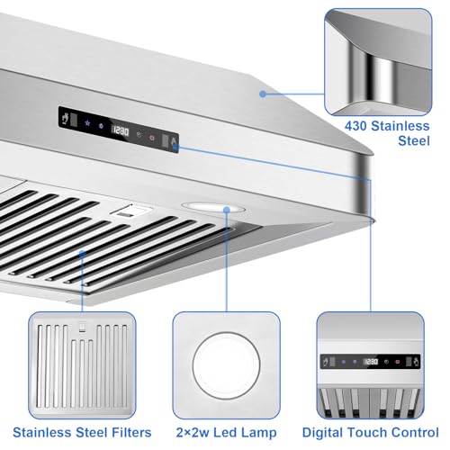 Image of Under Cabinet Range Hood 30 inch, Kitchen Hood 900 CFM Stainless Steel with Gesture & Remote Control, 3-Speed Fan, Time Setting, Dishwasher Safe Baffle Filters, Range Hoods Ductless Convertible Duct