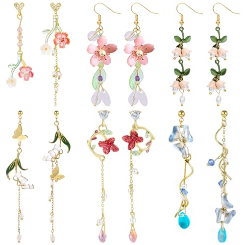 NEWITIN 6 Pairs Flower Earrings for Women Hypoallergenic Earring Pearl Leaf Floral Tassel Earring Statement Long Flower Dangle Earrings for Women