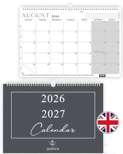 Qupuce Wall Calendar 2026 2027 UK A4 18 Months Calendar Planner Jul. 2026 - Dec. 2027 Monthly Wall Planner with Holidays for Family Academic Year/Work Organisation & Scheduling