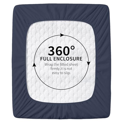 Image of HBHLFZ Twin Fitted Sheet Only, Soft Breathable Bottom Sheet - 39 inchx75 inch Deep Pockets Twin Size Fitted Sheet - All Around Stretch Fit, Wrinkle Resistant, Colorfast - Easy Care, Navy