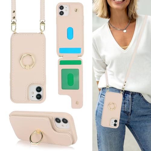 Image of for iPhone 12 Mini Case with Card Holder and Strap for Women,Crossbody Lanyard,Kickstand Ring Stand,Snap Clasp,RFID Blocking,Phone Wallet Cases 5.4 inch(Beige)