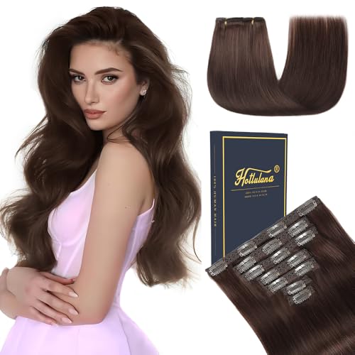 HotLulana Extensiones pelo Natural Clip, Castaño Extensiones de Clip de Pelo Natural, 7pcs Invisible Pelo Natural Clip Extensiones 14 pulgadas 35cm 80g Pelo Remy Clip in Hair Extensions 2#