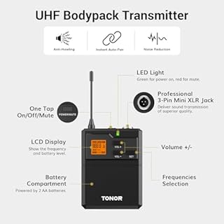 TONOR Microfono Wireless doppio UHF con Microfono archetto/Lavalier Microphone e Trasmettitore Bodypack e Mini Ricevitore Ricaricabile 1/4" Uscita, Distanza 60M Segnale stabile per Prestazioni Live