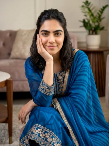 Image of Naixa Women's Blue Viscose Silk Embroidered Printed Straight Kurta with Silk Blend Pant Georgette Printed Dupatta Set | 3 /4th Sleeve | Round Neck | Festive Suit