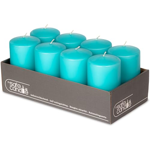 Stumpenkerzen Türkis 28 DecoLite 8er Pack Stumpenkerzen 130/70mm - Selbstverlöschend, Safe...
