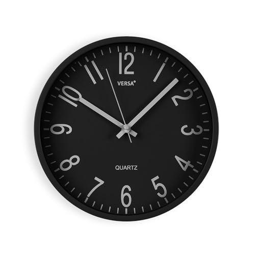 Versa Raven Reloj de Pared Nuevo Mecanismo Y Calidad Mejorada silencioso y Decorativo, para Cocina, Salón o Comedor - Fácil de Leer, Medidas (Al x L x An) 25 x 4,3 x 25 cm, Polipropileno, Color Negro