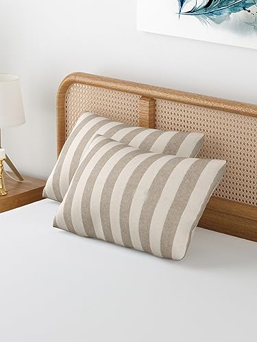 Image of 180 TC Pillow Cover Set of 2 | Pillow Cover Cotton 100% | Pillow Cover Set of 2 King Size | Wrinkle Free & Fade Resistance | Striped Pattern | Standard Size | All Season Use (Soft Cream)