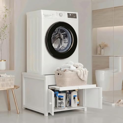 Image of Washer and Dryer Pedestal with Storage, 29 Inch, 23 Inch High | White metal stand with pull-out shelf, enclosed cabinet, drainage opening, 770 lb capacity, and required assembly.
