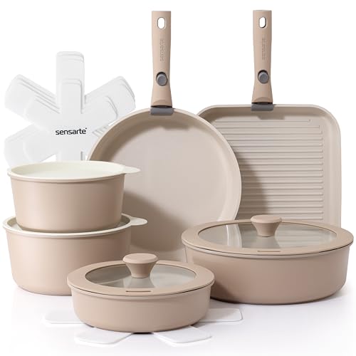 Image of SENSARTE 17 Piece Ceramic Pots and Pans Set, Nonstick Detachable Handle Cookware, Induction Kitchen Cookware Set with Removable Handle, Dishwasher & Oven Safe (Almond Beige)