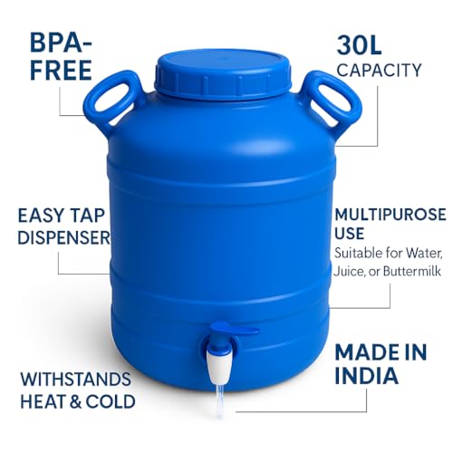 Image of Water Dispenser, 26 Litre, Plastic Container with Tap, Lid and Handles for Home, Kitchen, Office (30L-Blue)
