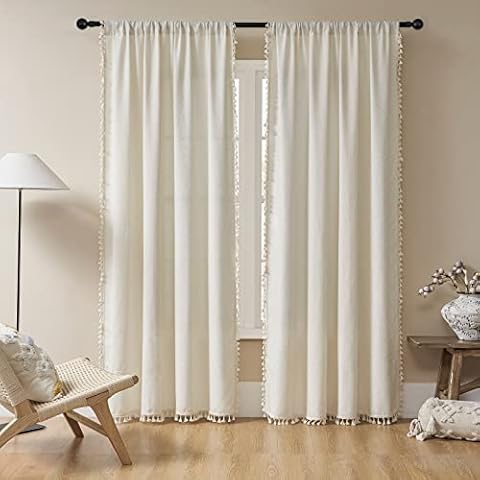 Joydeco Beige Boho Curtains 84 Inches Long 2 Panels Set, Cream Boho Curtains for Bedroom Living Room, Super Soft Light Filtering Country Rustic Semi Sheer Farmhouse Curtains Rod Pocket Cover