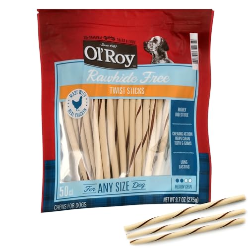 Rawhide-Free Chicken Twist Sticks for Dogs, Long-Lasting Chews, 50 Count,
