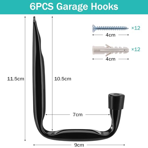 Mexgcom Garagen Wandhaken, 6 Stück Utility Haken zum Aufhängen von strapazierfähigen Gegenständen, Garage Haken für Gartengeräte, Sportgeräten, Schlauch, Schwarz, 11,5 cm x 9 cm