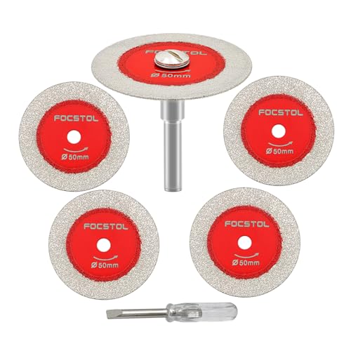 FOCSTOL Disco Corte para Vidrio - 5 piezas 50mm Disco Diamante para Cortar Vidrio y 1 pieza 6mm Mango Redondo para Vidrio Jade Mármol Granito Piedra Artificial Porcelanico Azulejo Cerámica