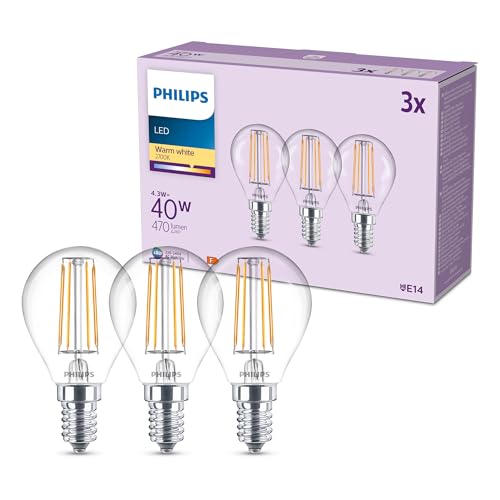 Bombilla LED Philips classic P45, 40 W, incolora, casquillo E14, blanco cálido 2700 K, paquete de 3