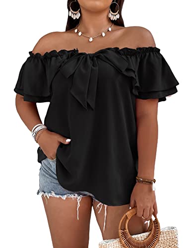 MakeMeChic Women's Plus Size Off Shoulder Tie Front Layered Ruffle Short Sleeve Blouse Top