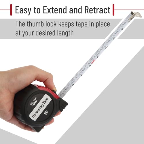 Image of Mr. Pen 25-Foot Steel Retractable Tape Measure with Fractions, Easy Read, Red /Black