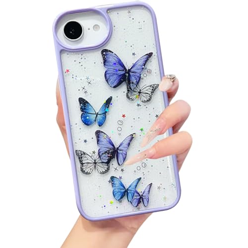 Image of VONZEE for iPhone 17e Clear Glitter Butterfly Case, Cute Bling Sparkle Shiny Soft TPU Bumper Shockproof Women Girls Slim Protective Phone Cover for iPhone 17e 6.1 inch,Purple