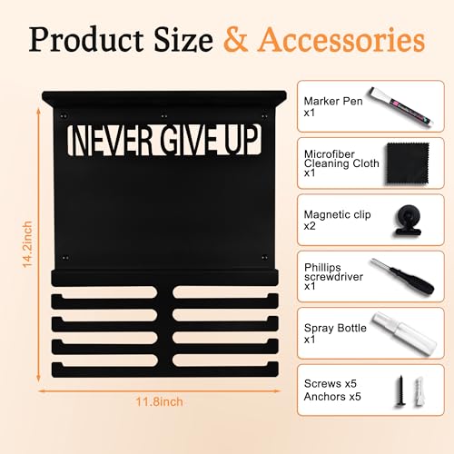 Image of Running Medal Hanger Display with Trophy Shelf, Never Give Up Race Medal Display with Photo or Race Bib Holder, Writable Goal Area, Wall Mounted, Black