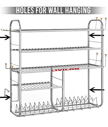 Image of LIVILON Stainless Steel 5-Tier Kitchen Rack with Utensil Holder & Dish Drainer | Multi-Purpose Storage Organizer for Plates, Cups & Cookware