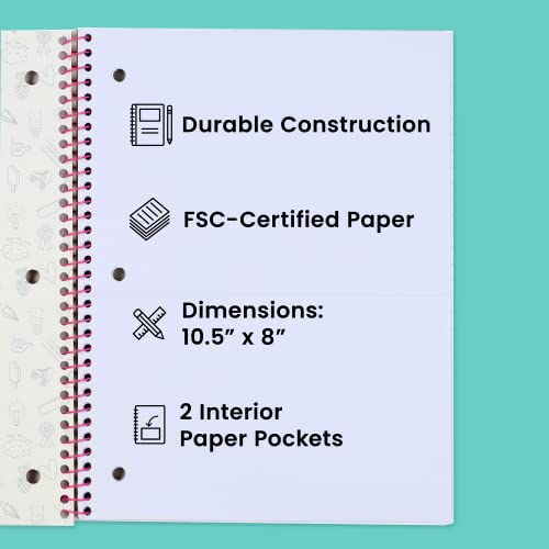 Yoobi College Ruled Spiral Notebook Set — Bulk 6-Pack Of 1 Subject Notebooks, Ice Cream, Palm Leaves & Flamingo Designs — 100 Perforated 3-Hole Punched Sheets, For School, Office & Home — 10.5” X 8” #TOP4