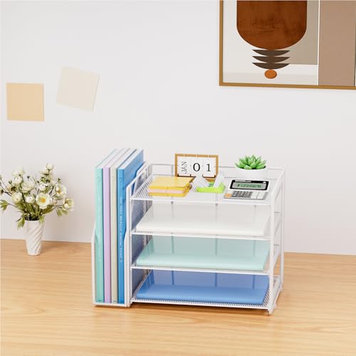 Marbrasse Desk Organizer and Accessories，4-Tier Paper Letter Tray Organizer with File Holder，Desk Accessories & Workspace Desktop Organizers for School Home Office Supplies (White) - Thumbnail 7