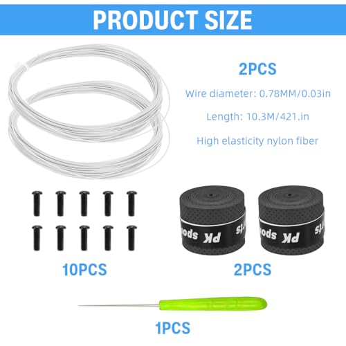Image of Proberos Badminton Racket Strings Set, for 2 Rackets, Replacement String Repair Kit with Accessories & Tools, Nylon Fiber Strings, 0.78mm, Tension 26lbs, 10m Long Per Roll - White