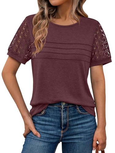 AUTOMET Women's Short Sleeve Shirts Dressy Lace Summer Tops 2025 Spring Trendy Casual T-Shirts Cute Work Outfits Blouses WineRed L