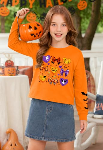 Image of BesserBay Girls Halloween Crop Tops Orange Print Spooky Shirt 6-14 Years