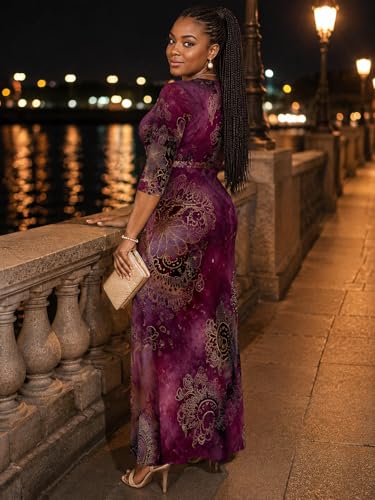 Image of PinkPatty Plus Size Maxi Dresses for Women Casual Flowy Long Dress 3 /4 Sleeve V Neck Wrap Dress with Belt
