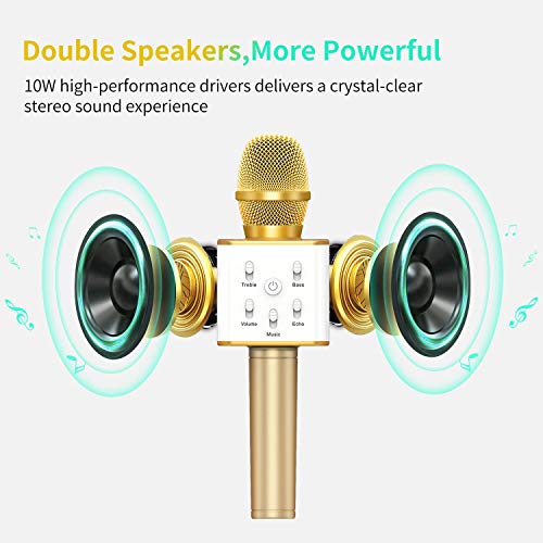 TOSING Q7 Wireless Bluetooth Karaoke Microphone,10W Dual Speakers Portable Handheld Karaoke Machine Christmas Birthday Home Party for Kids/Adults iPhone/iPad/Tablet/TV/PC/Android Smartphone(Golden)