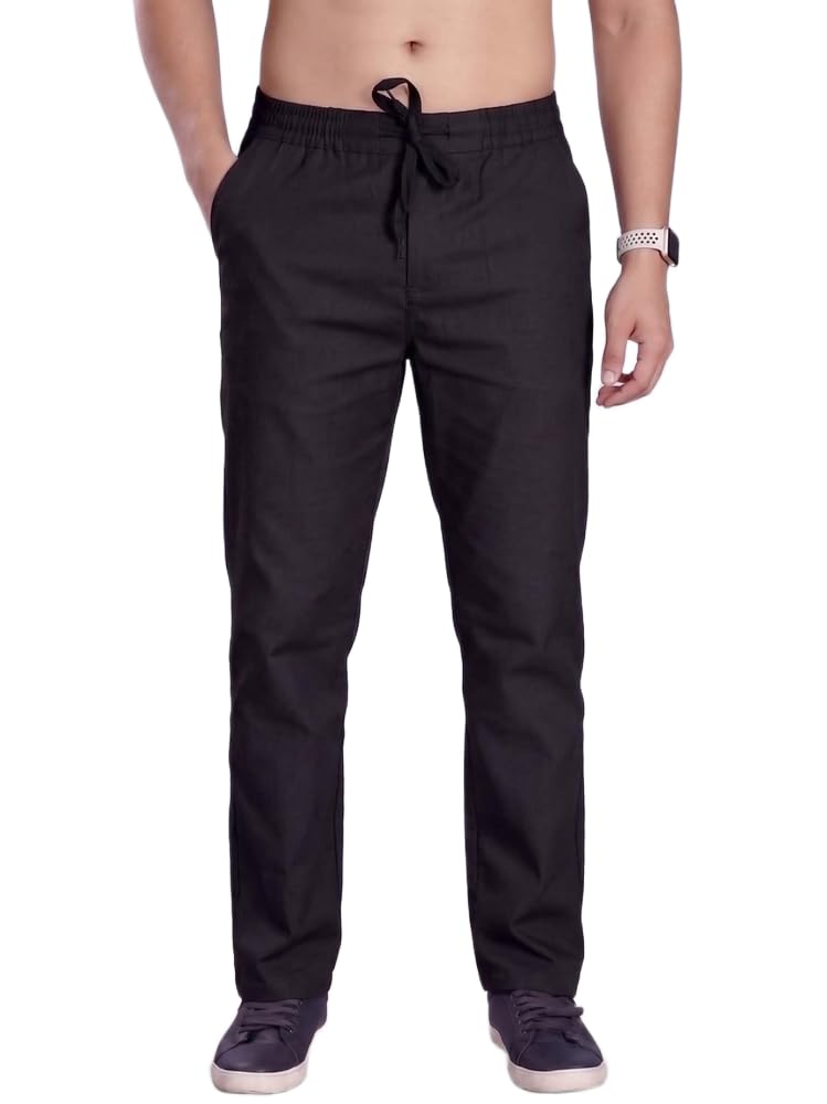 pantom Men's Trouser Black Casual Mid-Rise Linen Straight Fit Drawstring Waist-picture-22