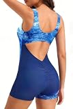 Eagerbuy Women's One Piece Swimsuit Boyleg Shorts Full Coverage Ruched Butt Slimming Bathing Suit Athletic Modest Swimwear