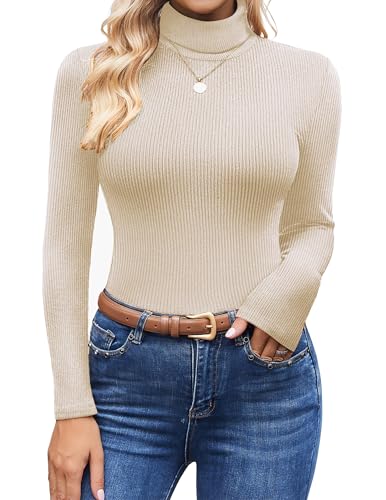 Ekouaer Women's Turtleneck Shirts Long Sleeve Tees Lightweight Thermal Underwear Tops Ribbed Pullover Sweater Beige M