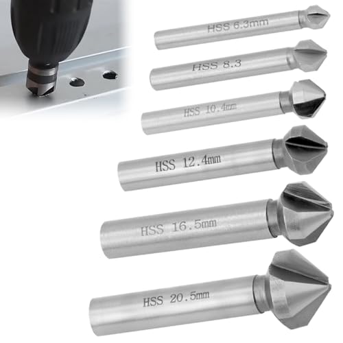 Bamyli 6 Stück Kegelsenker Set, 6.3-20.5 mm 90° HSS Senker Metall Entgrater, Drei-Schneiden Hochgeschwindigkeitsstahl Senkerbohrer für Präzises Bohren in Holz, Metall Kunststoff