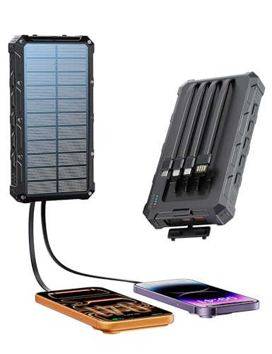 Solar-Charger-Power-Bank - 20000mah Solar Powered Battery Charger Cell Phone,20W Fast Charging Built in Cables,Camping Essentials Portable External Battery Pack Compatible with Multiple Devices