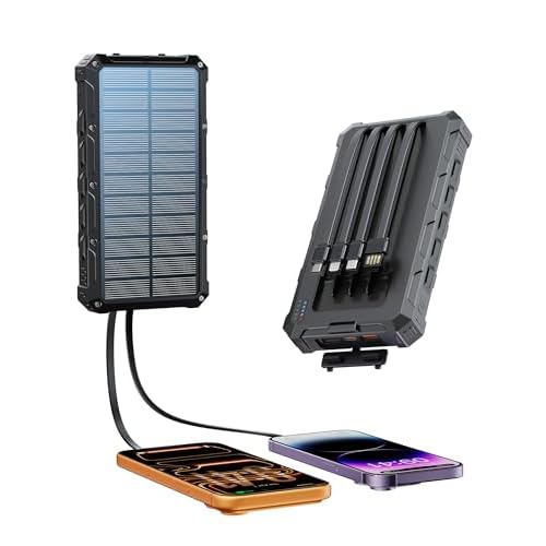 Solar-Charger-Power-Bank - 20000mah Solar Powered Battery Charger Cell Phone,20W Fast Charging Built in Cables,Camping Essentials Portable External Battery Pack Compatible with Multiple Devi