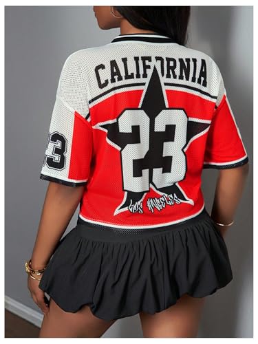 GORGLITTER Women's Letter Star Graphic Jersey Shirts Short Sleeve V Neck Cropped Mesh Tops2