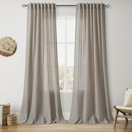 Image of Nanspring 108 Inch Long Curtains for Living Room Grey Beige Linen Simple Modern Light Filtering Semi Sheer Curtain Back Tab Boho Neutral Gray Floor to Ceiling High Window for Bedroom 52x108,2 Panels