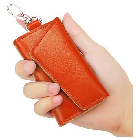 BAKUN Compact Leather Car Key Case, Key Holder Key Organizer Wallet, With 6 Hooks(Orange) Cover
